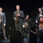 Peter Anderson (clarinet), Will Anderson (sax), Luc Decker (drums), Clovis Nicolas (bass), and Alex Wintz (guitar) in LE JAZZ HOT HOW THE FRENCH SAVED JAZZ at 59E59 Theaters. Photo by Eileen O'Donnell